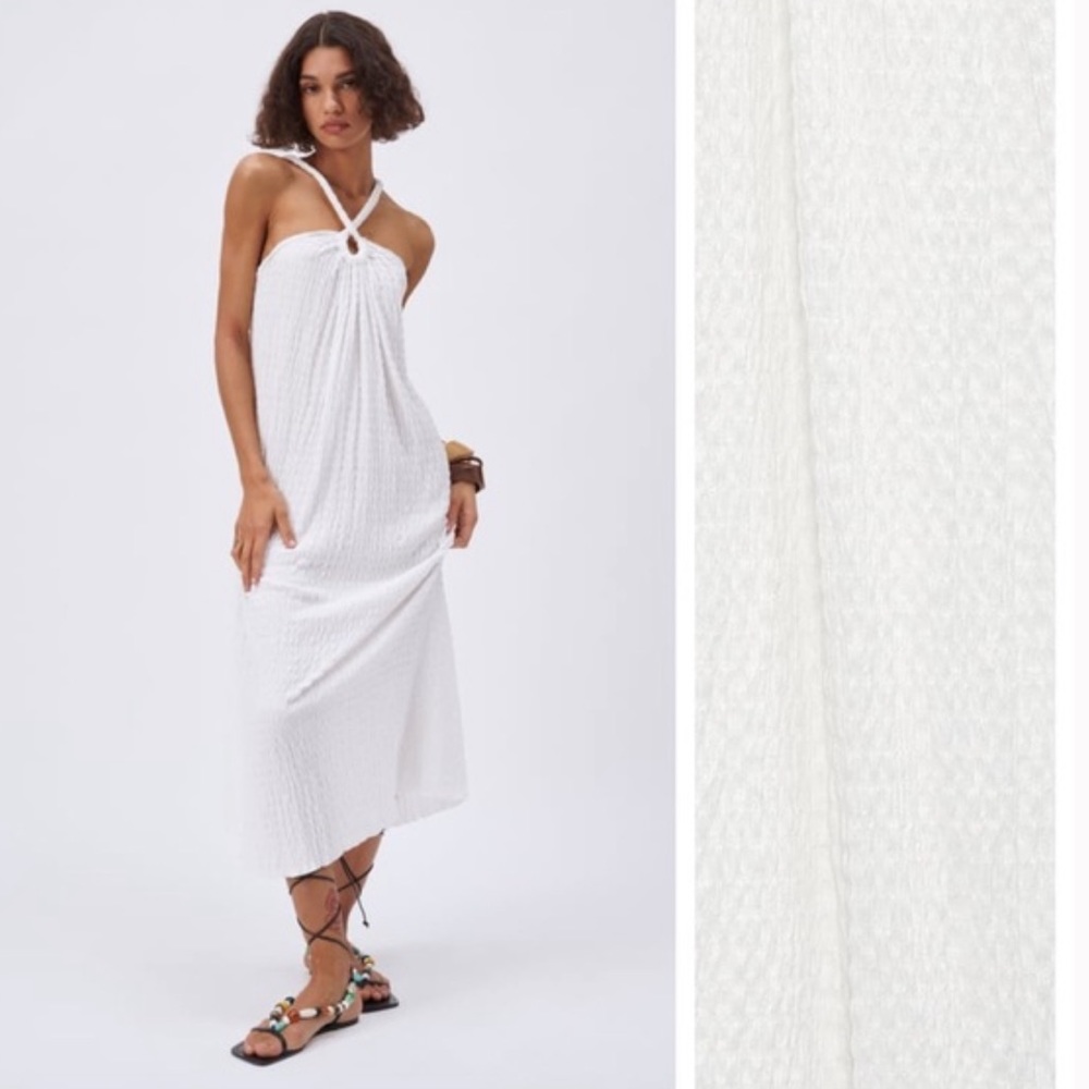 NWT. Zara White Textured Flared Halted Midi Dress.